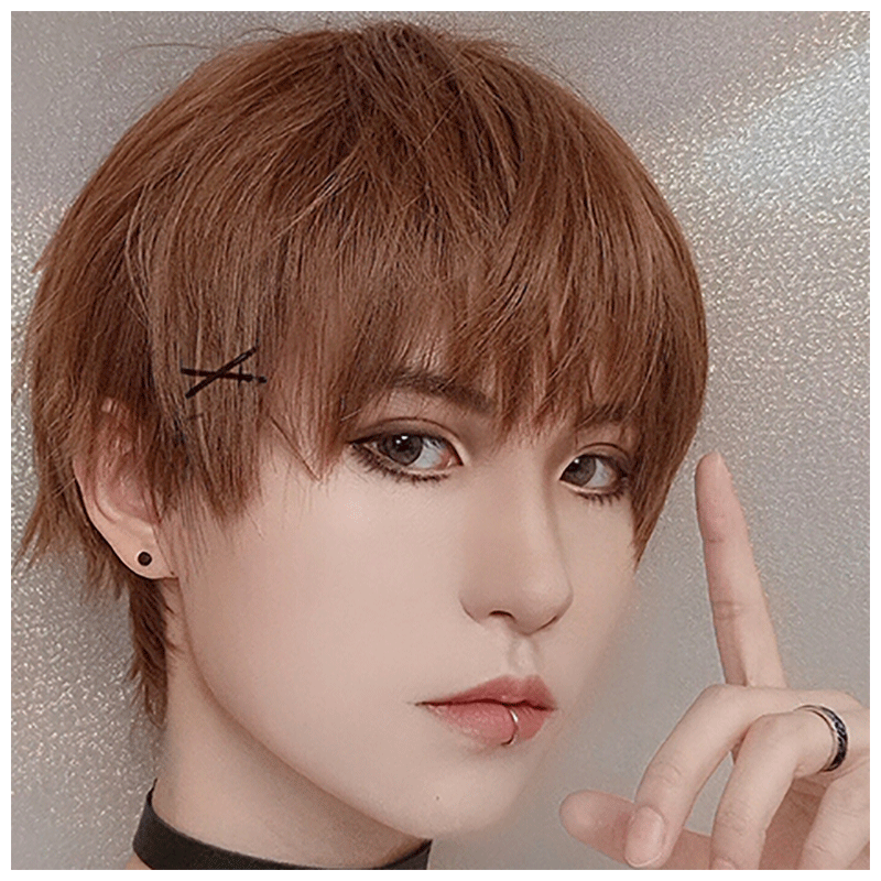 假发男短发韩版帅气男士短直发齐刘海学生蓬松日常高温丝全头套 浅