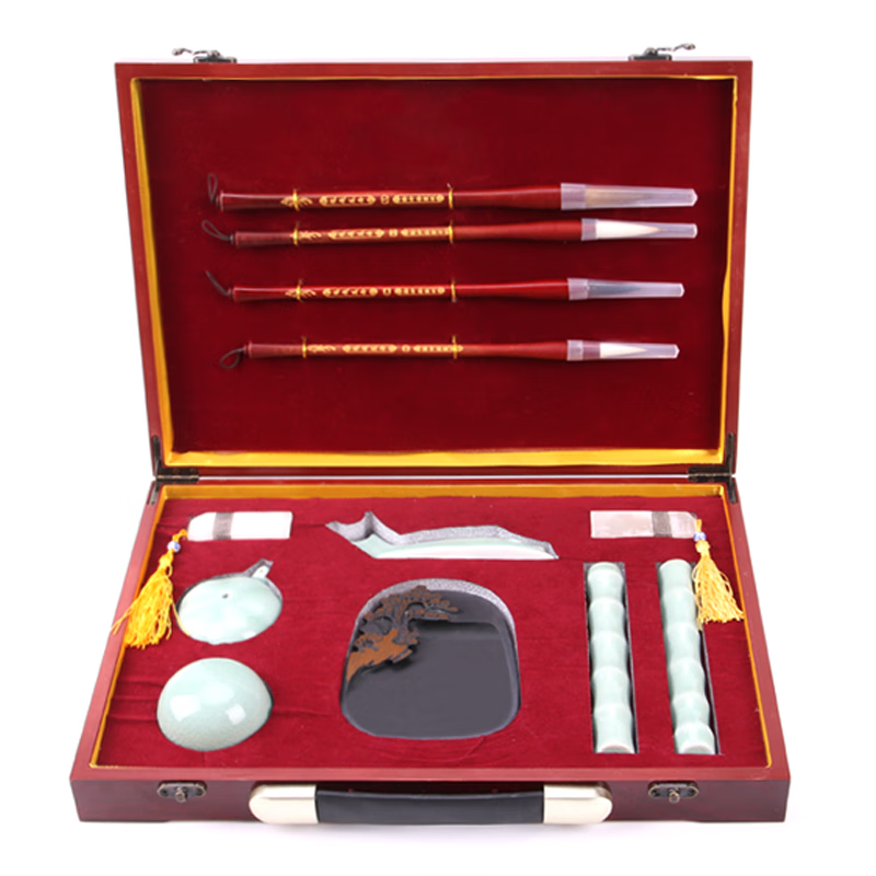 砚台镇尺初学者狼毫兼毫楷书送毛笔架宣纸毛毡 龙飞凤舞文房四宝套装