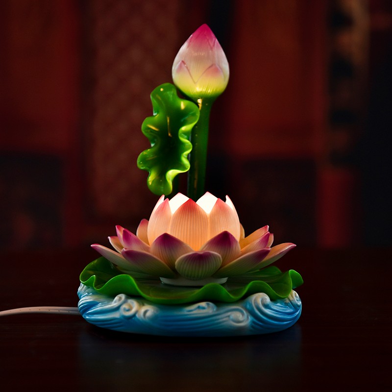 戴玉堂 陶瓷七彩莲花灯摆件观音菩萨佛像佛前供灯 长明供佛灯led灯