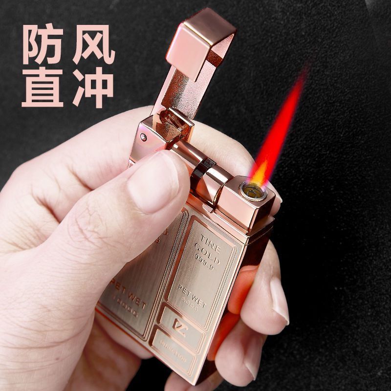 抖音同款触摸感应金砖金条打火机充气防风直冲红火焰个性创意 金砖