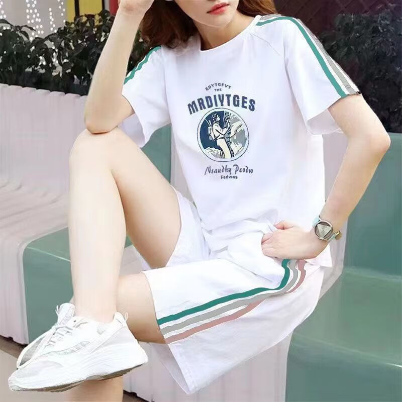 纯棉休闲运动服套装女夏季新款大码宽松学生短袖短裤两件套潮 白色套装三色攀岩人 L 建议95-110斤