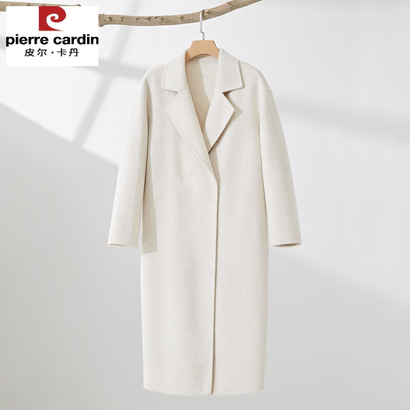 皮尔卡丹(pierre cardin)茧型米白色双面羊绒大衣女中长款2023新款秋