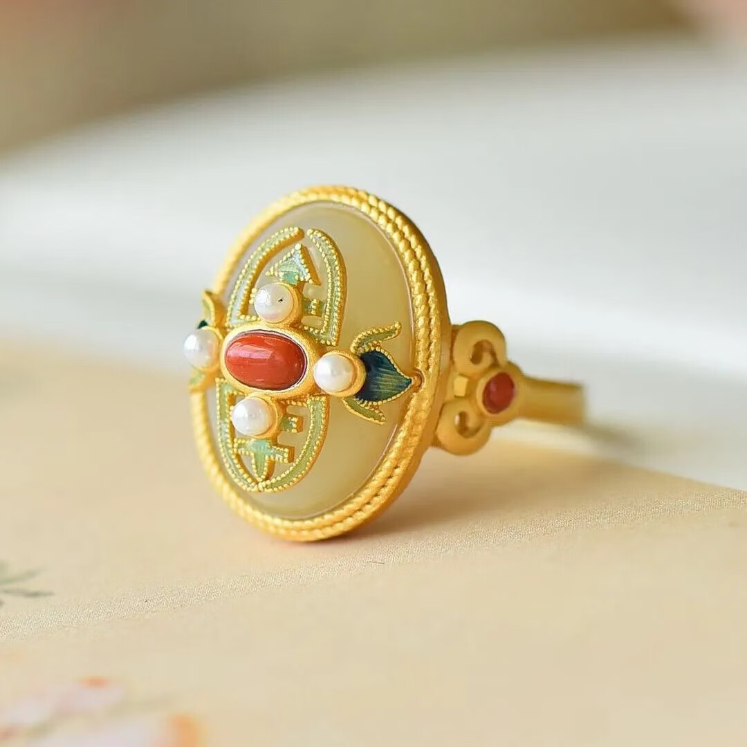 佩瑄s925银宫廷风唐景泰蓝耳环烧蓝汉服旗袍戒指女古风和田玉吊坠套装