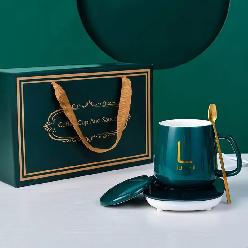 杯55°C度陶瓷马克杯带盖勺保温水杯家用办公暖暖杯牛奶咖啡杯 白色杯+垫+礼盒