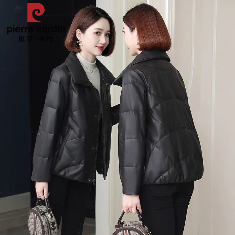 皮爾卡丹海寧真皮羽絨服女短款2025新款冬季小個子時尚綿羊皮真皮皮衣外套 黑色 L