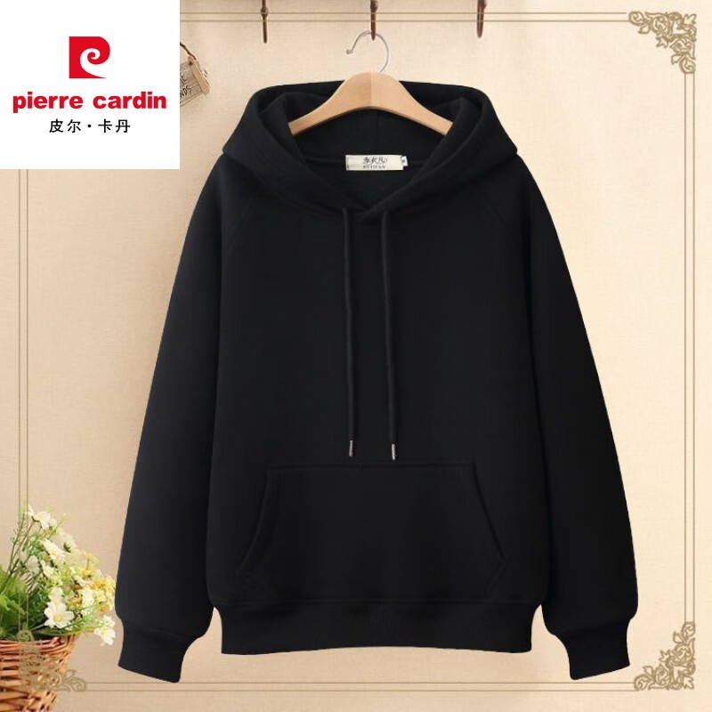 皮尔卡丹纯·棉连帽卫衣女白色双层加绒加厚学生百搭宽松上衣潮大d码装外 黑【5000加绒加厚】纯色 L L 建议110~130斤