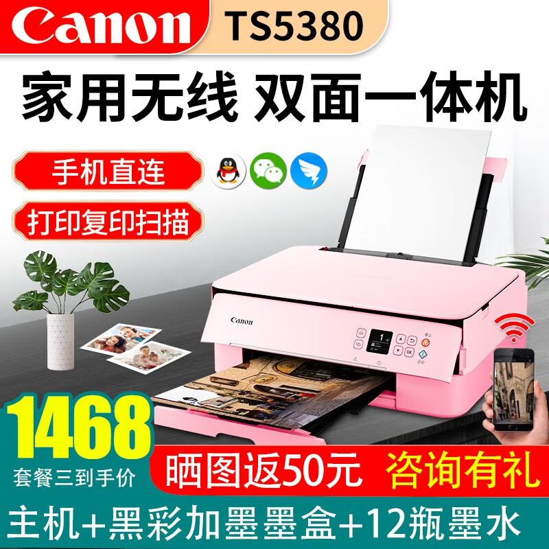 佳能（Canon）TS5380彩色喷墨打印机 多功能复印扫描一体机 家用办公自动双面 推荐套餐三（主机+黑彩可加墨墨盒+12瓶墨水） 全国免费配送