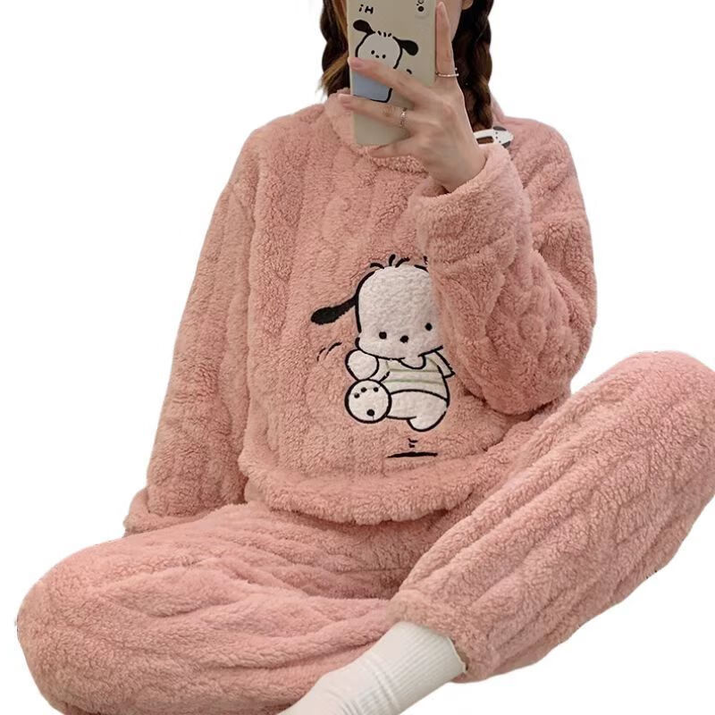 有只绵睡衣套装卡通提花舒棉绒秋冬季加绒加厚保暖女士家居服两件套 紫色-小狗提花 均码 (80-150斤)