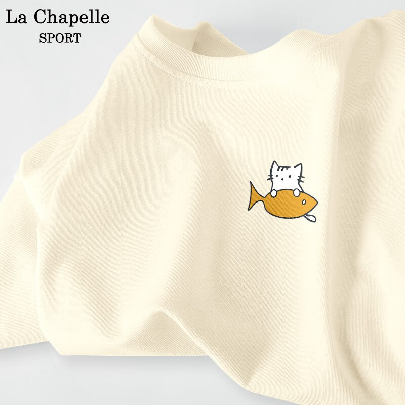 t恤女夏季休闲百搭时尚潮流ins印花圆领打底衫女 奶白色(猫猫鱼胸标)