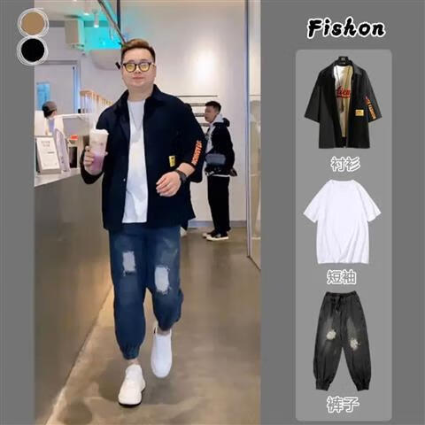 mgjo胖男生 微胖穿搭套装夏季青栀潮男胖子大码男士牛仔裤 短袖衬衫