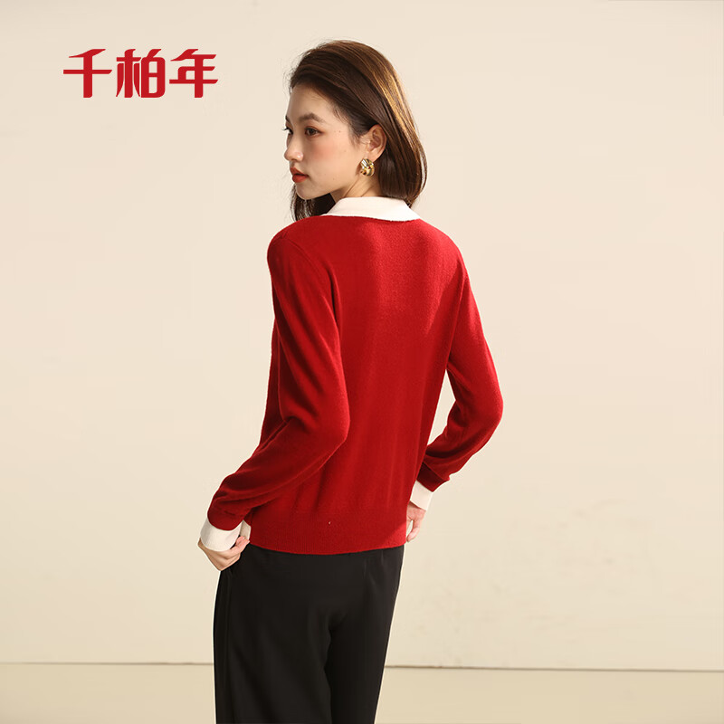 千柏年100%羊毛开衫衬衫领假两件宽松针织衫女式春季外穿秋冬柔软毛衣 石榴红 纯羊毛 M 80-115斤