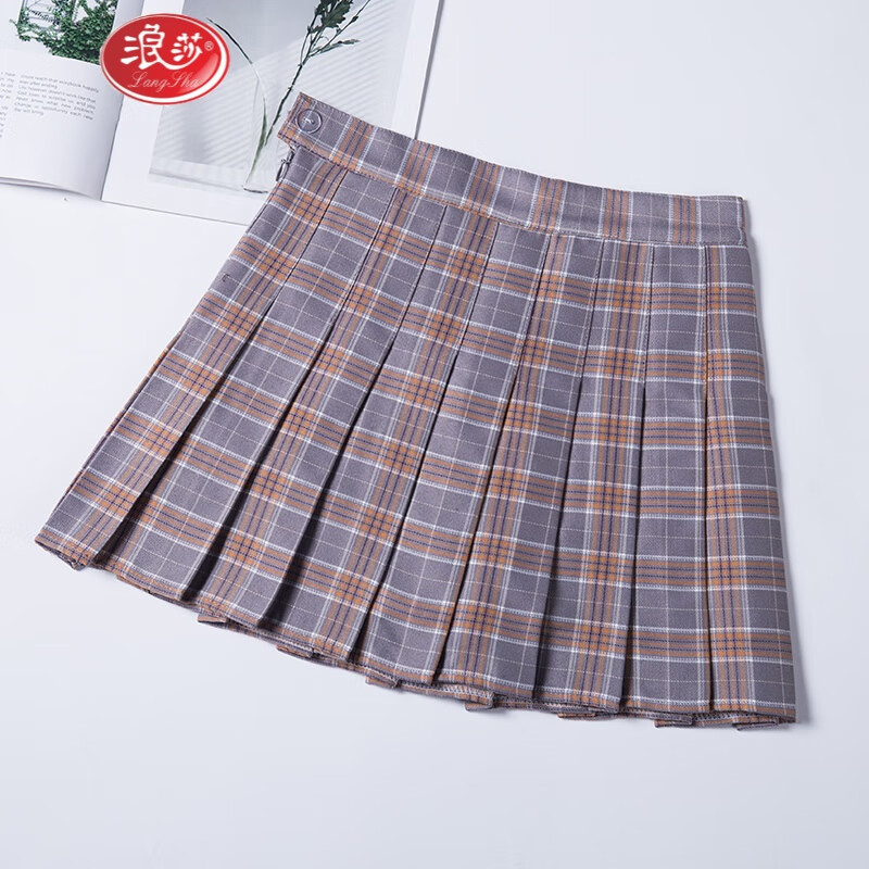 浪莎（LangSha）百褶裙女春夏無(wú)內(nèi)襯高腰a字不帶沒打底半身裙性感jk超短裙子夏 淺灰格(無(wú)內(nèi)襯) XXL