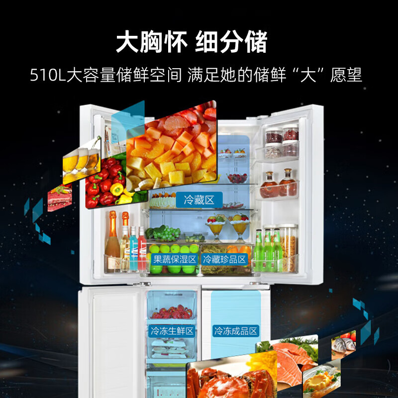 格力（GREE）晶弘510升一级变频十字门冰箱 60cm超薄平嵌 三档变温母婴保鲜 离子长效净味 BCD-510WPSGH月纱白