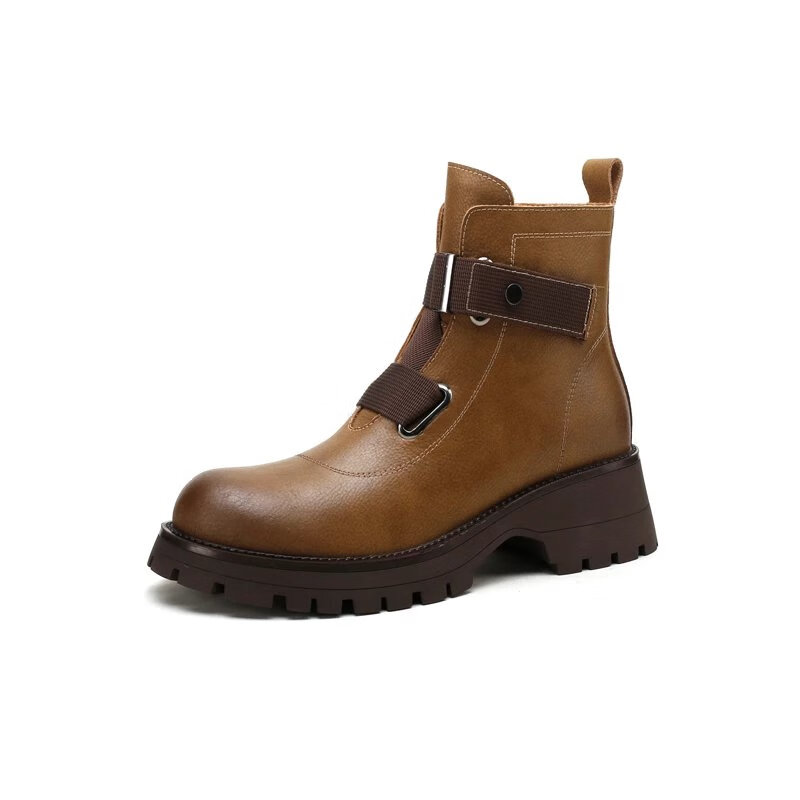 2023新款复古马丁靴圆头小众马丁靴秋冬舒适休闲短靴 杏棕色(单里) 34