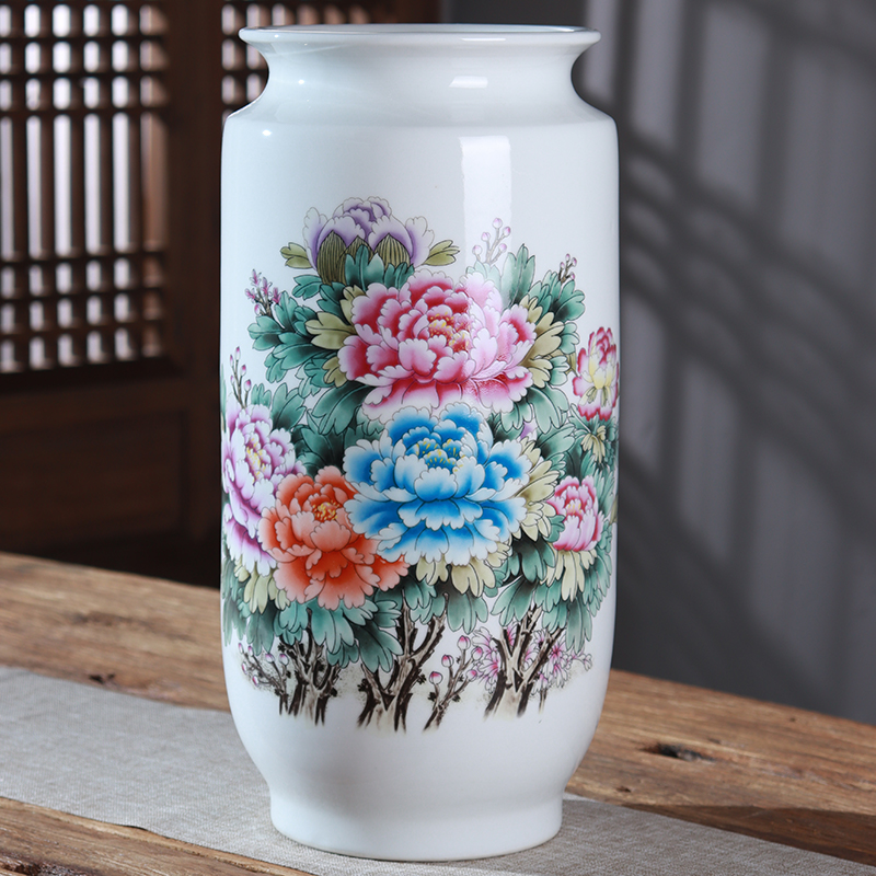 悦灵美 景德镇陶瓷花瓶摆件 中式仿古典大号落地直筒瓶插花装饰品