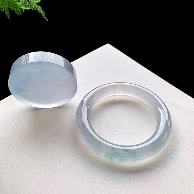 福凤祥高冰玻璃种翡翠新款圆条手镯飘蓝绿花缅甸玉石镯心子送礼 59号