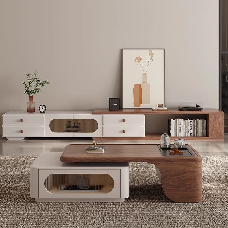 柏维棠茶几客厅轻奢高级感2026新款高端胡桃木色创意现代简约功夫茶台 功夫茶几_+伸缩电视柜组合