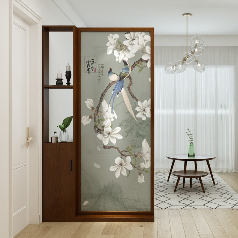 屏风客厅实木玄关隔断柜客厅隔断遮挡双面刺绣置物架 胡桃木 乔其纱