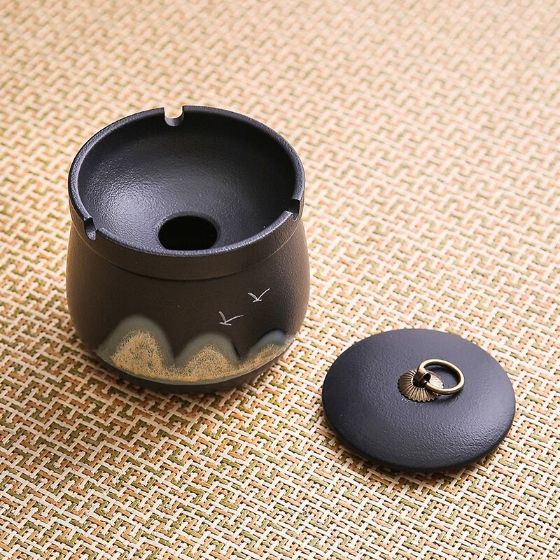 雅轾茗品釉画彩烟灰缸手工粗陶现代家居办公室客厅家用圆形陶瓷烟缸