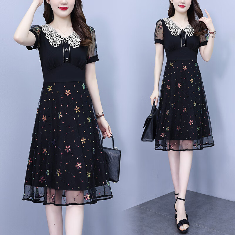 薇洛萱女装2024夏季新款连衣裙女镂空绣花网纱拼接时尚中长裙夏天8040