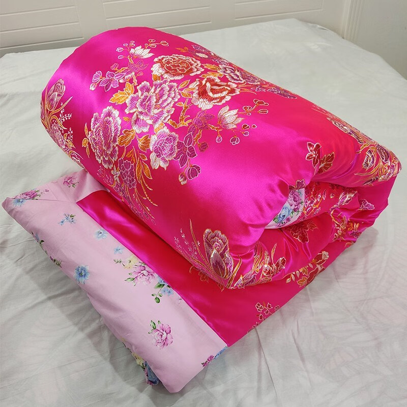 棉花被老式包边丝绸绸缎传统纯 牡丹全花深粉 150x200cm9斤棉被被套
