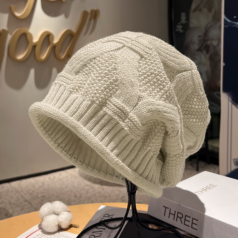 NZTK新款秋冬季毛线帽子女士加厚保暖针织堆堆帽显脸小韩版护耳冷帽 卡其色 均码有弹性（55-60cm）