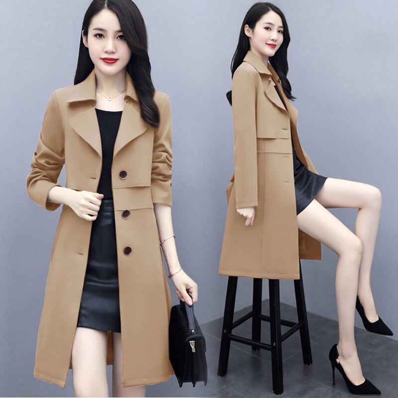 呦魅风衣女中长款2021春季新款韩版修身显瘦减龄大妈女士上衣 卡其色