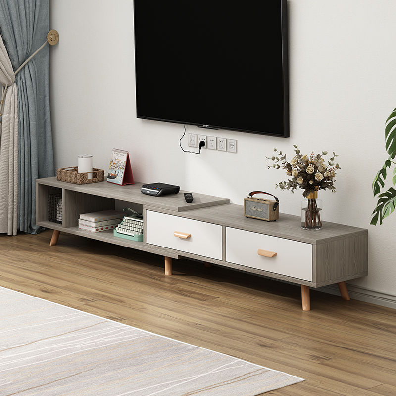 普派（Pupai）电视柜简约北欧现代地柜实木腿可伸缩客厅茶几组合轻奢电视机柜子 莫兰迪灰色两抽 120-180cm