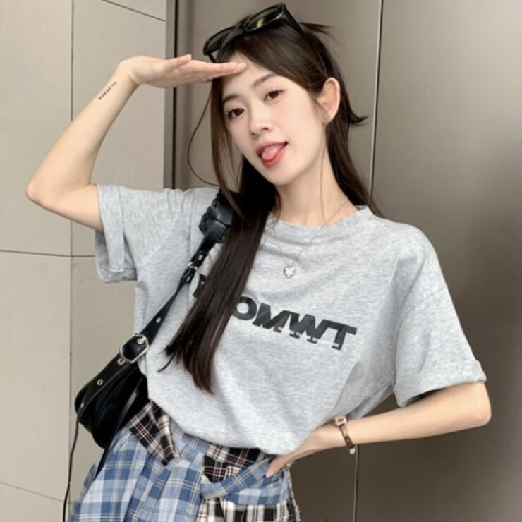 码夏天大码女夏胖mm甜辣风短袖 撞色拼接格 单件 t恤 m 建议【80斤】