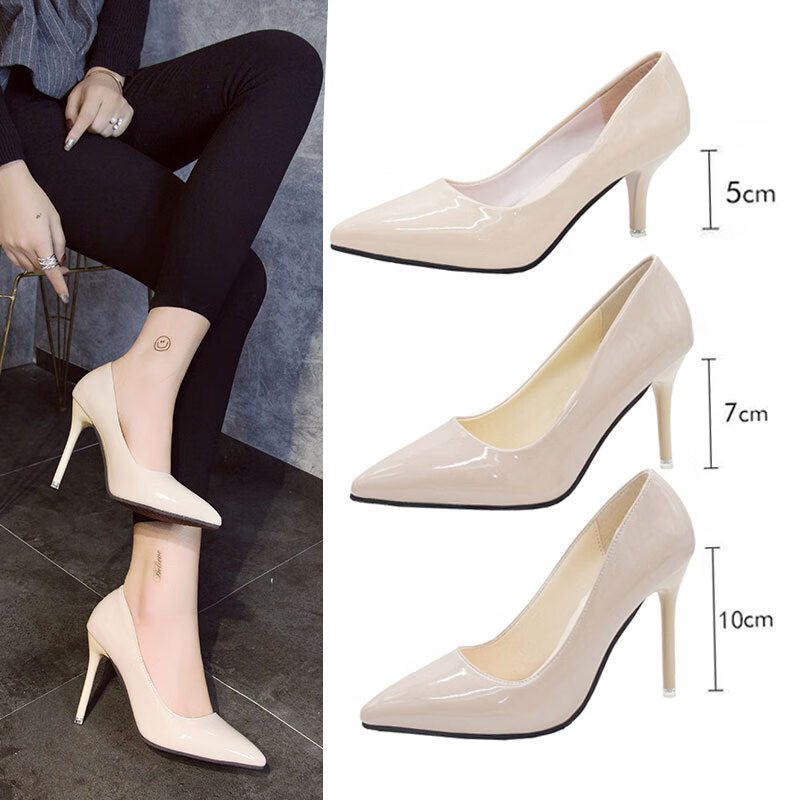 卡帝乐鳄鱼(cartelo)浅色高跟鞋女5cm3细跟春秋低跟白裸色职业学生