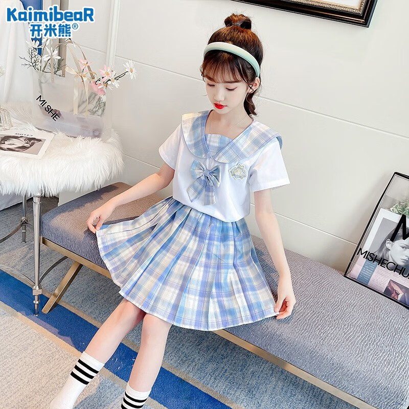 风衬衫夏季六一儿童百褶裙子衣服两件套 蓝色 170码建议身高160cm左右