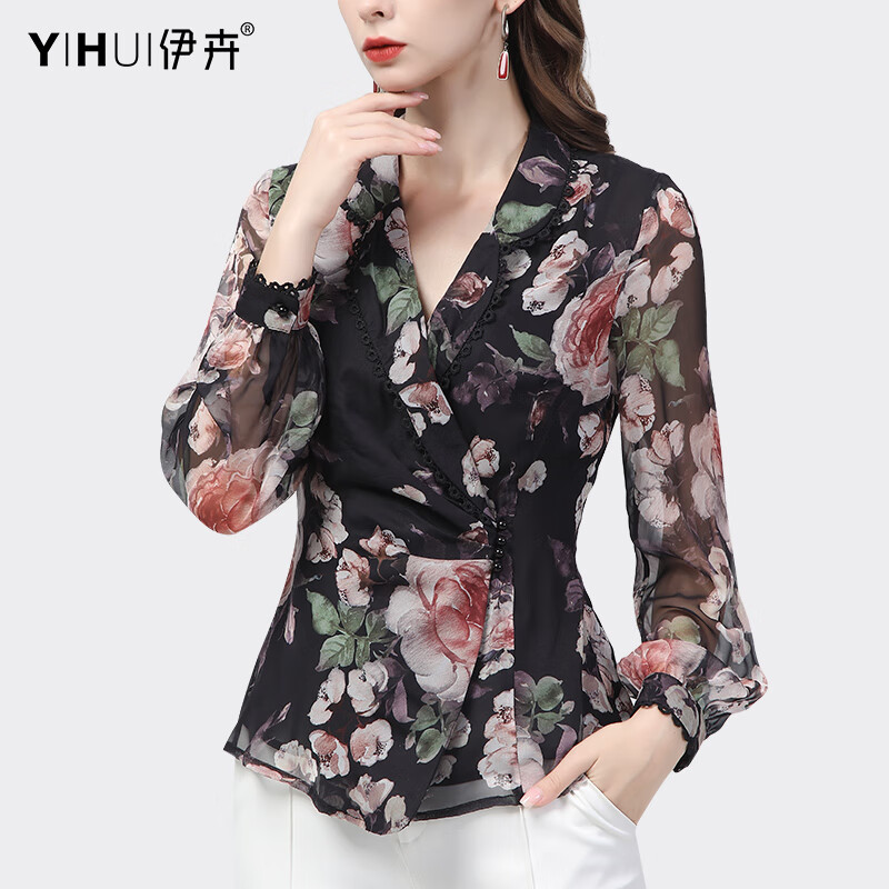 伊卉歐貨西裝領(lǐng)雪紡衫長(cháng)袖秋新款上衣女氣質(zhì)印花襯衫職業(yè)小衫收腰顯瘦 黑花色 S