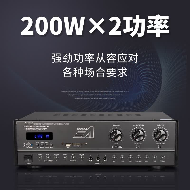 得普声 家用蓝牙功放机 专业家用卡拉OK带混响 KTV音箱音响家用功放大功率一键防啸叫 DS2000 DS2000【200W*2】大功率怎么看?