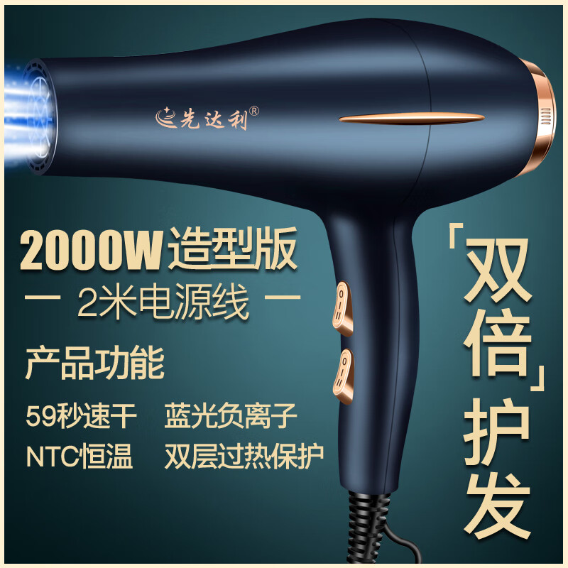 先达利电吹风机家用理发店风力大功率速干发廊专用发型风筒负离子 藏蓝色2000W造型版2米线