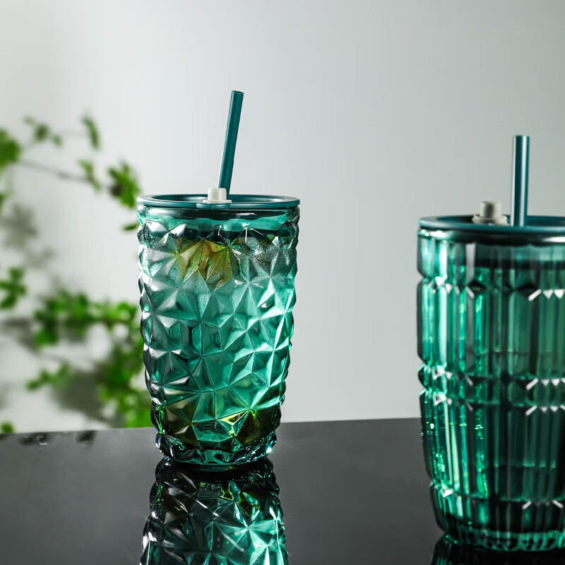 乐唯诗（LOVWISH）玻璃吸管杯水杯墨绿原色无铅加厚几何肌理网红高颜值饮料果汁杯 钻纹吸管杯【原色玻璃】440ml1只