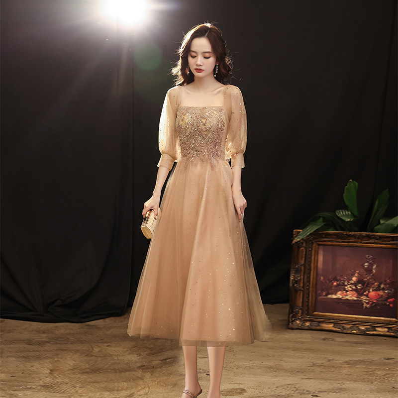女2022新款宴会气质长款高端名媛高贵端庄连衣裙秋季 深香槟色中长款