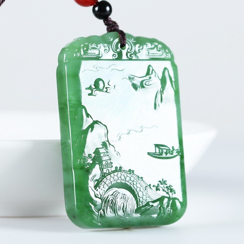 润艺 天然和田玉碧玉江南风景玉牌 男女款意境山水画玉吊坠俄碧玉挂件