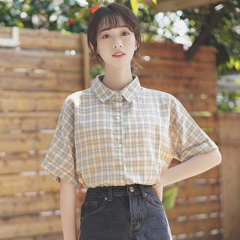 索宛亦(suowanyi)2021夏装新款韩版潮流文艺格子衬衫女短袖宽松衬衣