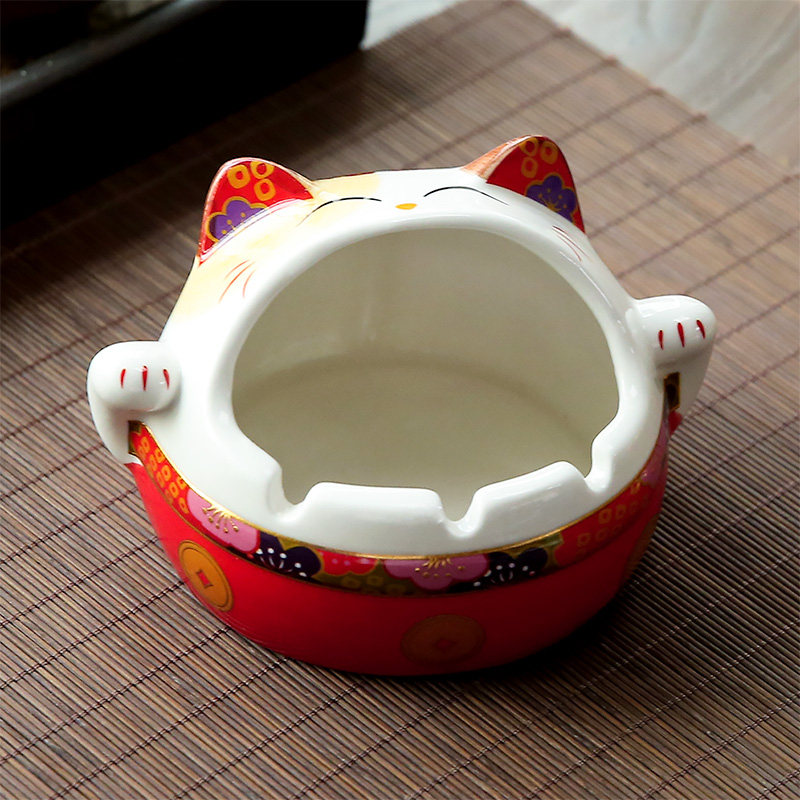 吉猫堂创意大号个性猫家用客厅办公室陶瓷防风烟灰缸装饰摆件 红色烟灰缸(现货速发)