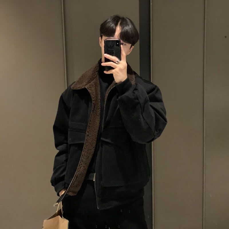 舒晋羊羔毛外套男士冬季加绒加厚短款衣服秋冬款高街潮感韩系夹克