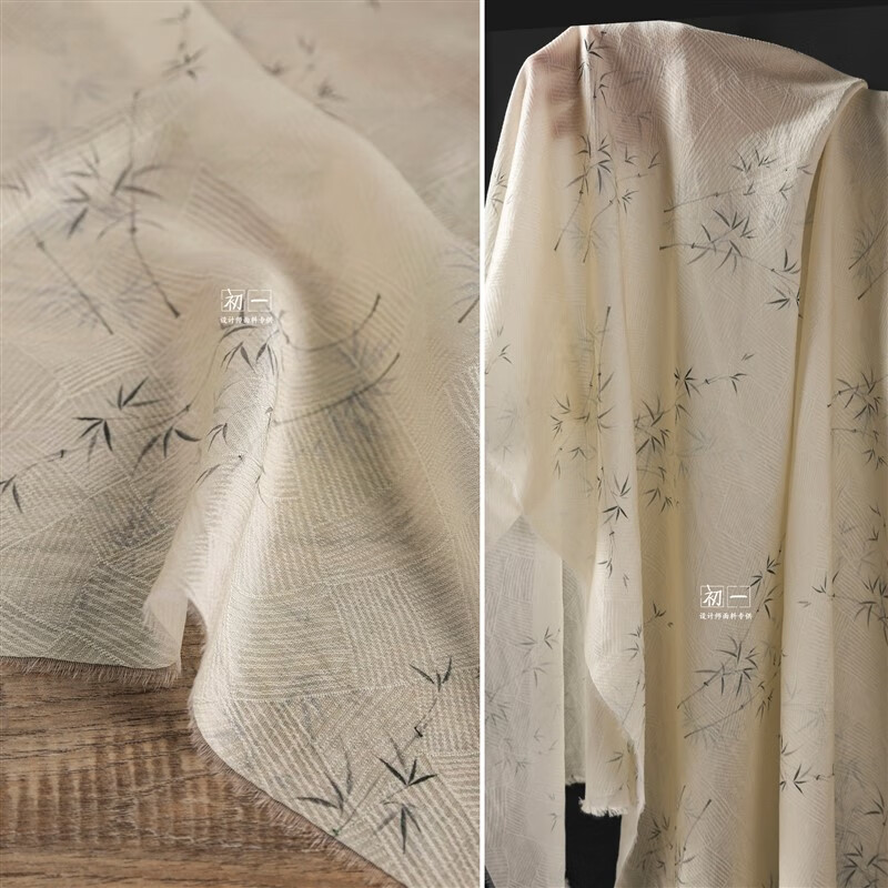 墨文竹子田字格纹天丝棉麻提花布 国风文艺衬衫 墨文竹田字格直喷宽 