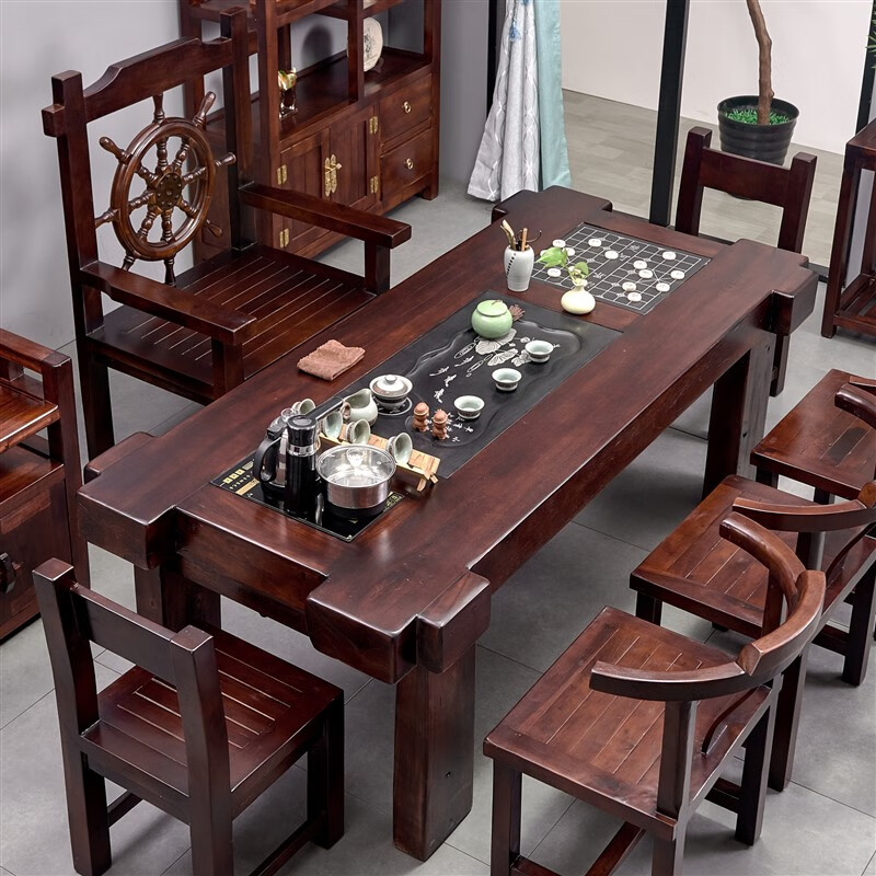 盎梓船木茶桌实木大板桌茶海桌潮功夫茶桌老船木茶桌椅组合实木茶台茶