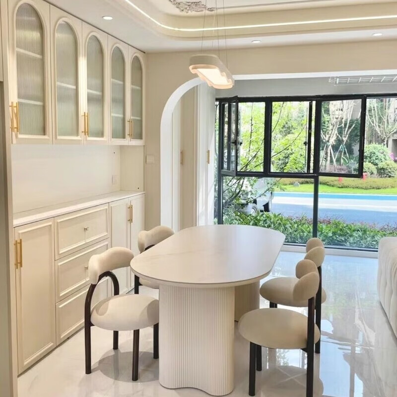 格慕琦餐桌小戶型奶油風(fēng)輕奢巖板餐桌北歐橢圓形餐桌簡(jiǎn)約家用餐桌椅組合 一桌六椅160*80*75高