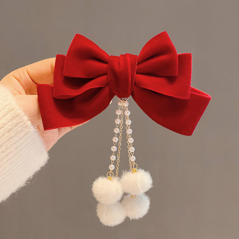 新年红色蝴蝶结发夹毛毛绒流苏发卡夹子发饰优雅公主圣诞节夹子女