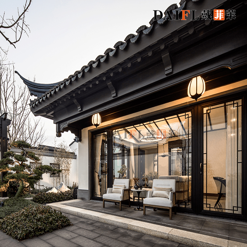 戴菲莱新中式仿古断桥铝门窗四合院民宿寺院别墅复古徽派隔音门窗定制