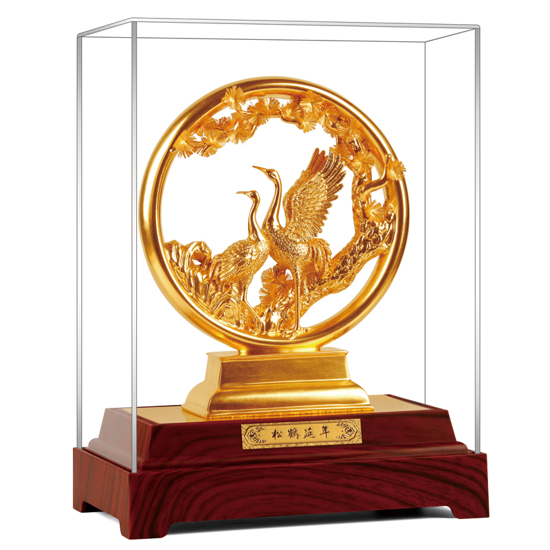 NWTB 金箔松鹤延年摆件老人生日贺寿祝寿六十 八十大寿礼物退休礼物 松鹤延年