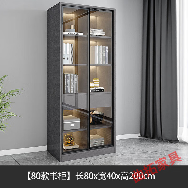 厢柔塌轻奢玻璃门书柜简约现代推拉门展示柜客厅靠墙落地书架储物柜