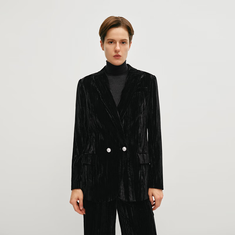 OVV【极夜丝绒】秋冬热卖女装戗驳领通勤休闲西服外套 赫本黑 M