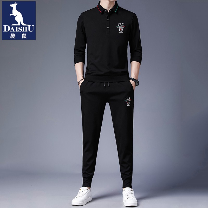 袋鼠卫衣男士套装春秋新款长袖t恤男装运动休闲卫衣一套搭配刺绣上衣
