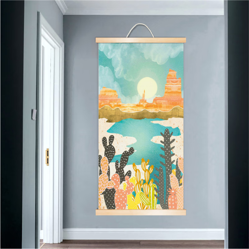 艺景瀚峰北欧风格装饰画莫兰迪色系抽象实木卷轴挂画极简餐厅沙发背景